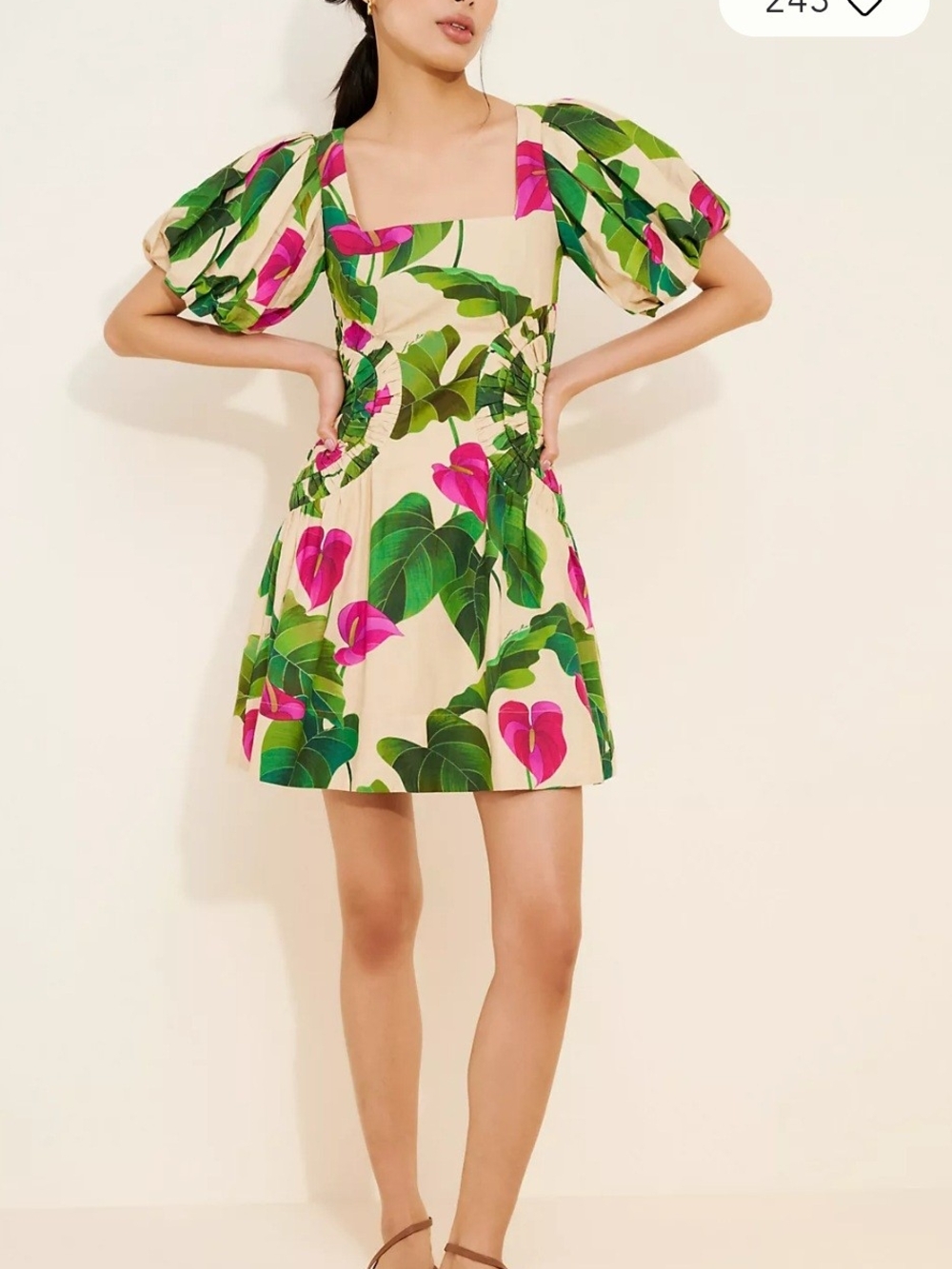 FARMRIO Square-Neck Floral Puff-Sleeve Mini Dress in Pink & Green - Picture 2 of 8